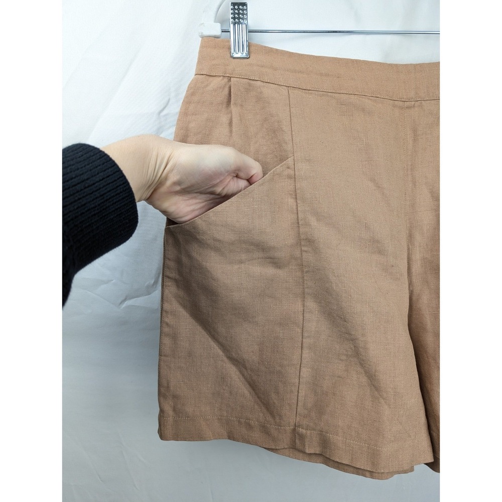 Vetta 100% Linen High Rise Pocket Shorts Size L Tan Elastic Minimalist Capsule - Picture 3 of 9